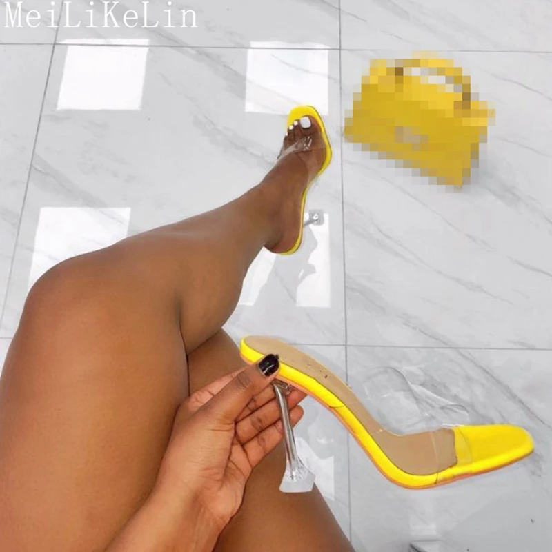 MeiLiKeLin/Новинка; стильные босоножки на высоком каблуке; прозрачные босоножки; цвет оранжевый, желтый; пляжная обувь; женские шлепанцы с открытым носком