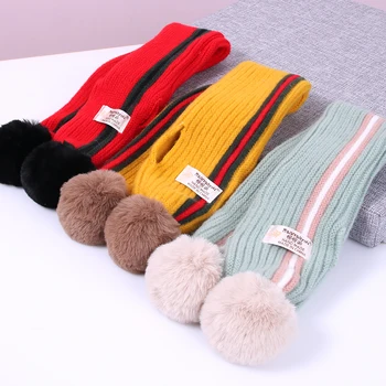 

ZMAFOX baby winter scarf kids thermal scarves with pompom for girls boys children faux cashmere striped neckerchief neck warmers