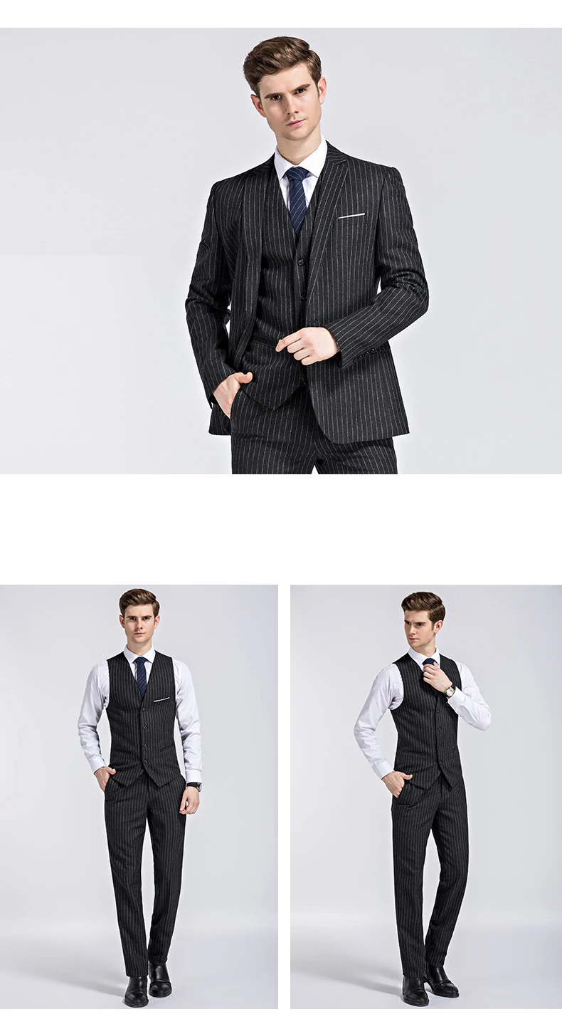 Newest Design 3 Pieces Slim Fit Formal Business Dress Classic Striped Double Breasted Suits Tuxedo Grooms Wedding Suits For Men