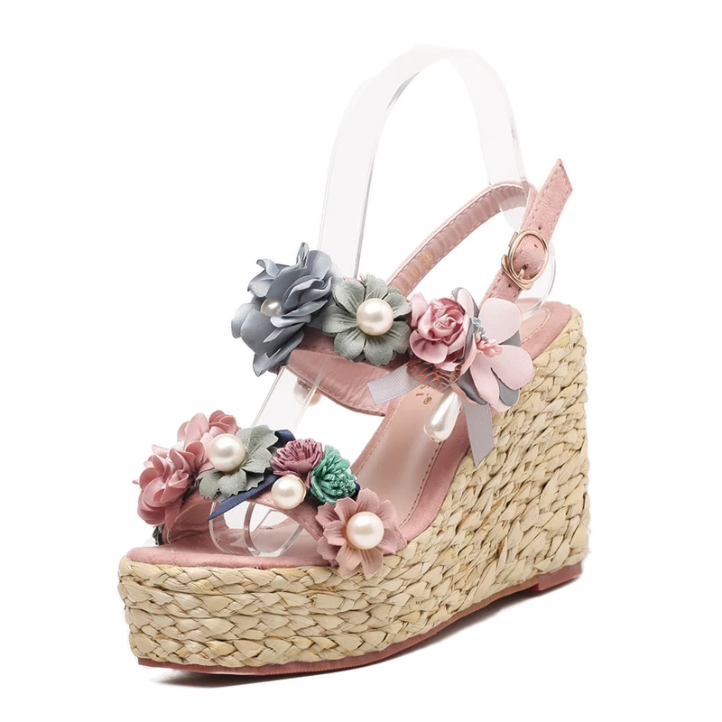 

Newest Flowers Wedges Sandals Beaded Platform Open Toe Woman Shoes Ankle Strap Bohemian Summer Beach High Heels Sandals