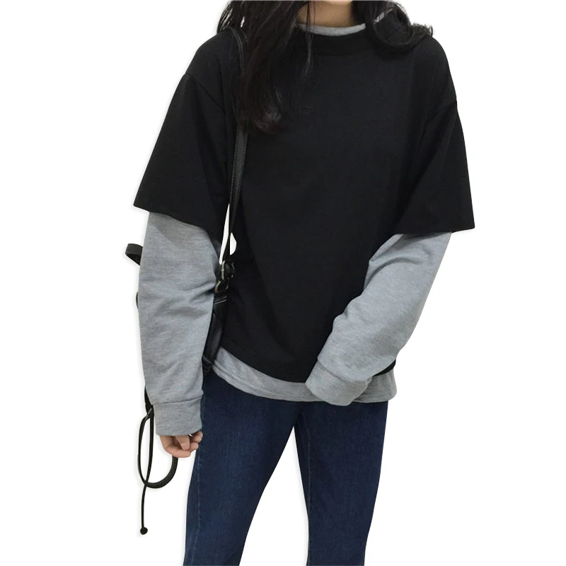 

2018 Korean Women Hoodies Pullover Black Gray Color Matching Fake Two Pieces Long-sleeved Loose Sweatshirts Tops Meleton Mujer