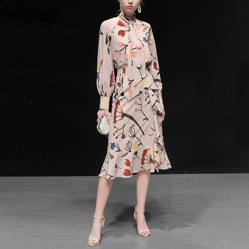 Seifrmann Fashion Runway Zomer Vintage Pak vrouwen Lange Mouw Lace Up Tops En Ruches Midi Rok Elegante Twee Stukken set Seifrmann Fashion Runway Zomer Vintage Pak vrouwen Lange Mouw Lace Up Tops En Ruches Midi Rok Elegante Twee Stukken set