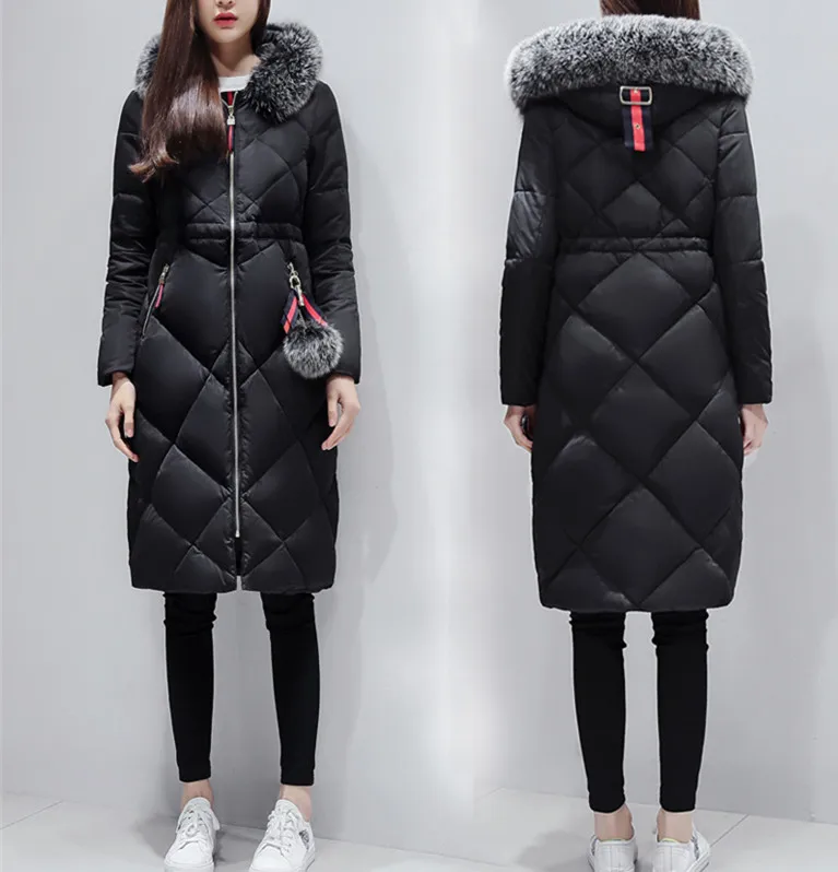 

Free Shipping Women Winter Warm Medium Long Down Coat Female Thickening Large Fur Collar Slim Over-Knee Outwear XHSD-4024