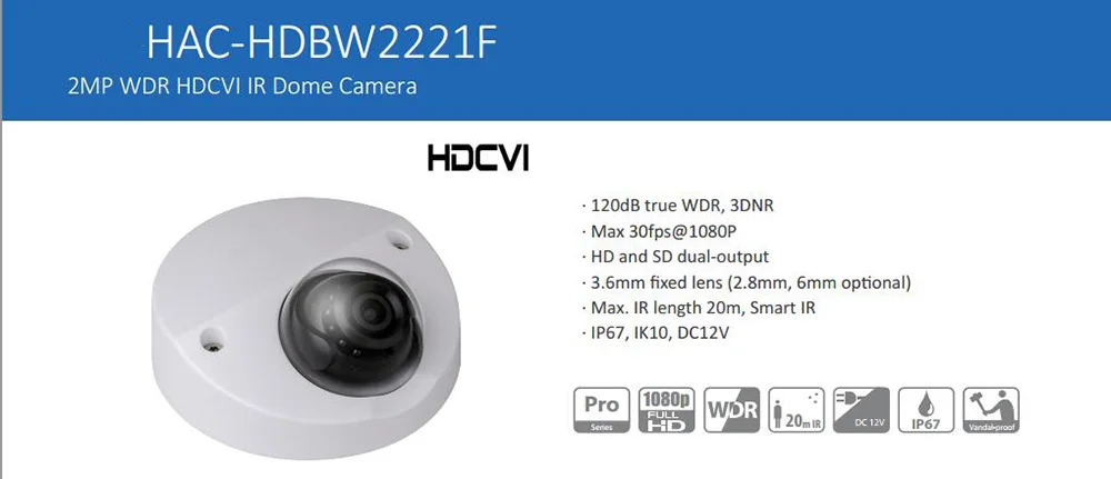 

DAHUA 2.1MP 1080P Vandalproof WDR IR HDCVI Mini Dome Camerawith Fixed Lens Original English Version without Logo HAC-HDBW2221F