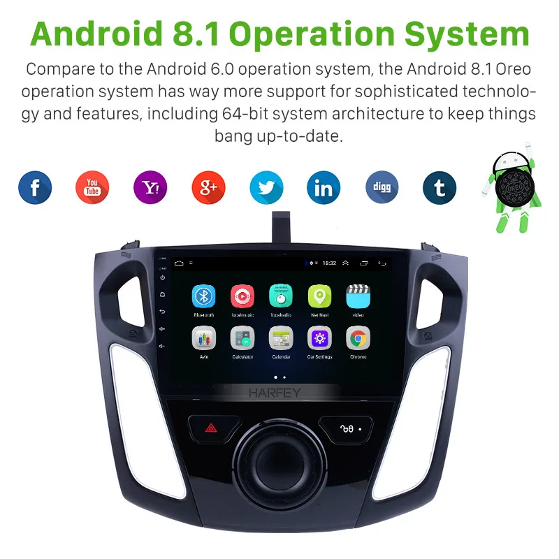 Clearance Harfey 9" HD Android8.1 GPS Car Navi Stereo for Ford Focus 2011 2012-2015 with Bluetooth WIFI 1080P USB Mirror Link OBD2 DVR SWC 2