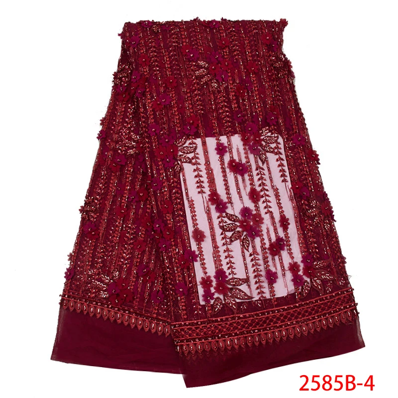 

Fashion Wine Lace Fabric 2019 High Quality Handmade Beaded 3D Lace For Wedding African Tulle Lace With Beads 5yards GD2585B-1