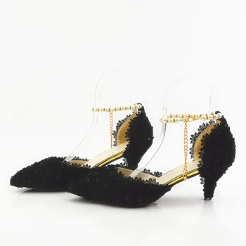 

Large Size Sharp Pointed Black Lace Flowers, Handmade Diamond, Ladies' Shoes, Wedding Shoes, High Heeled Crystal Shoes, Sandals,