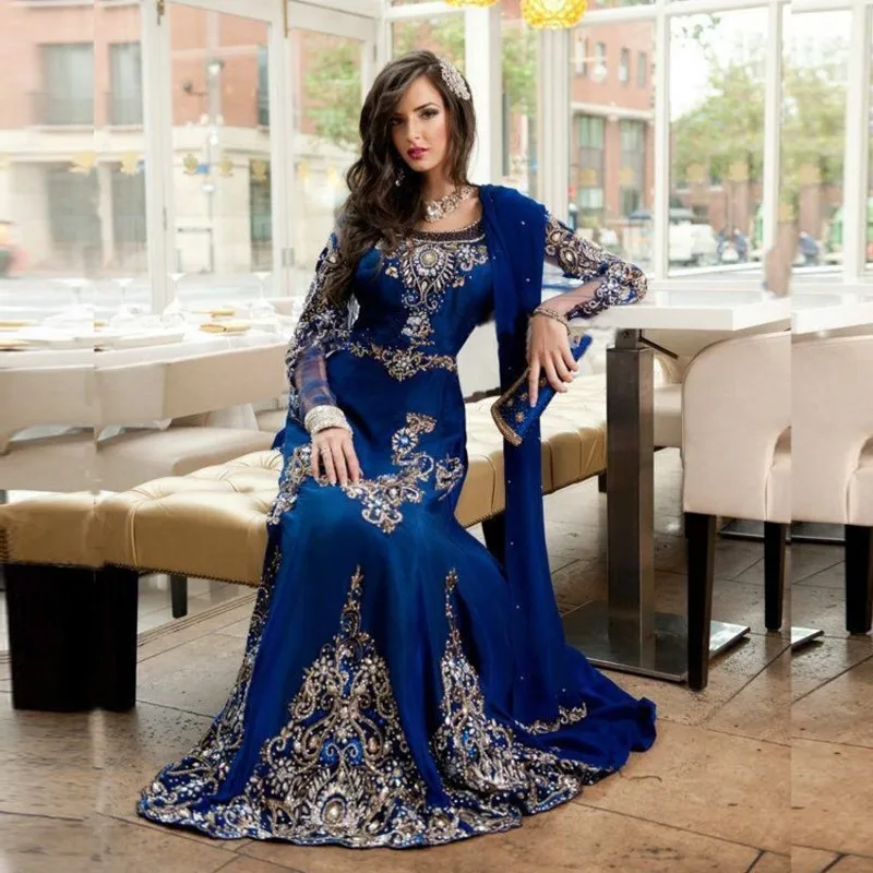 Vestido de festa, королевское голубое мусульманское длинное вечернее платье с бисером,, Марокканское платье-кафтан, стрейчевое атласное шифоновое вечернее платье, вечерние платья - Цвет: as the image