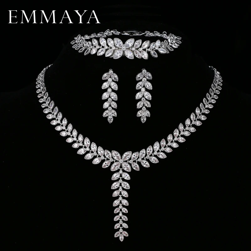 

EMMAYA Elegant Leaf CZ Wedding Jewelry Sets for Bride Clear Crystal Necklace Earrings Sets 2017 New Bridesmaid Jewelry