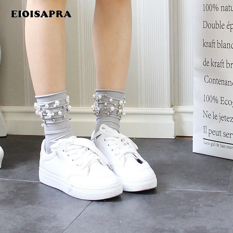 

[EIOISAPRA]Gorgeous Handmade Pearl Heap Heap New Korean Arrived Socks Women Harajuku Reto Edge Sokken Candy Color Fashion Socks