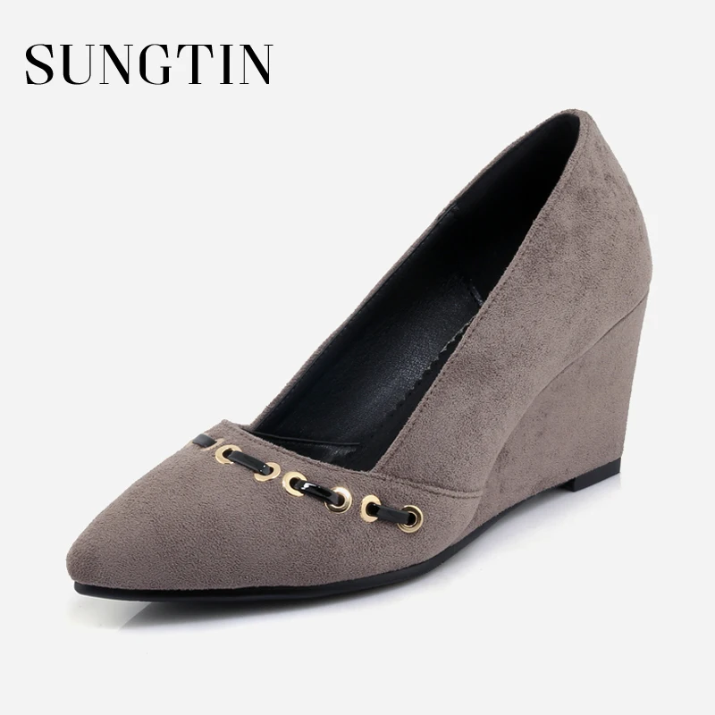 Sungtin Casual Wedge Pumps Women Pointed Toe Suede High Heels Lady