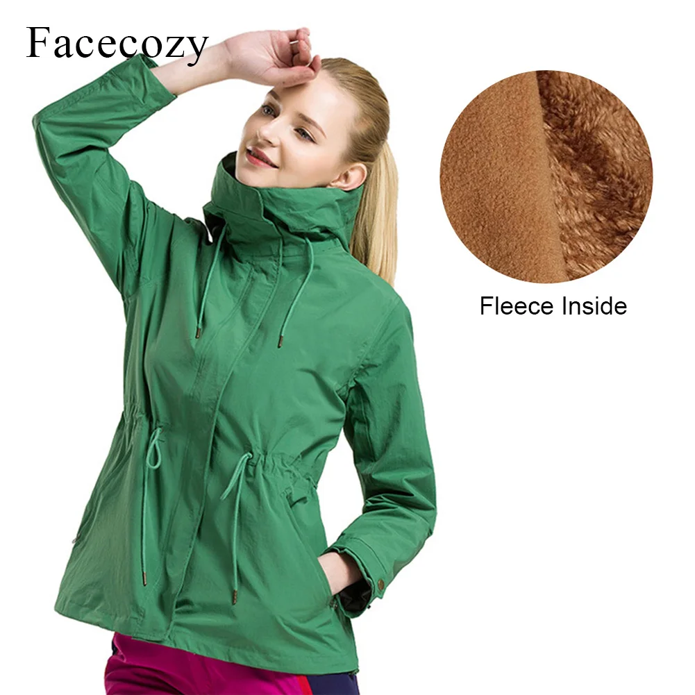 Facecozy, женские водонепроницаемые осенне-зимние походные куртки, уличные походные треккинговые ветровки, Женские флисовые пальто с капюшоном, Jaqueta - Цвет: Green Fleece