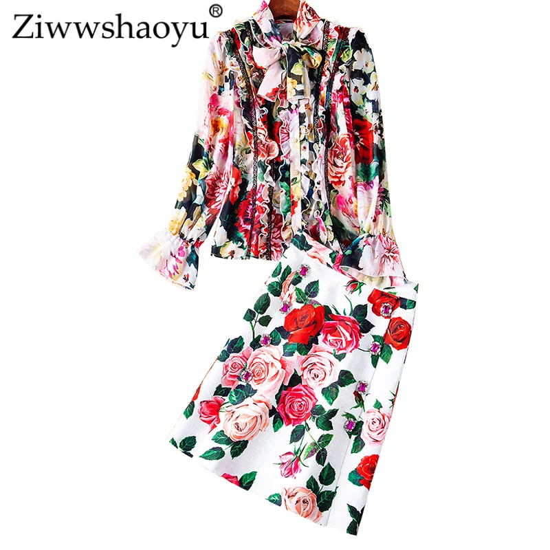 

Ziwwshaoyu Fashion Ruffles Bow Flare Sleeve top + Jacquard skirt Sets Elegant Print diamonds Set Spring and summer new women's