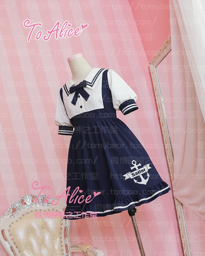 Kawaii/летнее платье с короткими рукавами в морском стиле для девочек; милое платье с вышивкой якоря и бантом в консервативном стиле; цельнокроеное платье