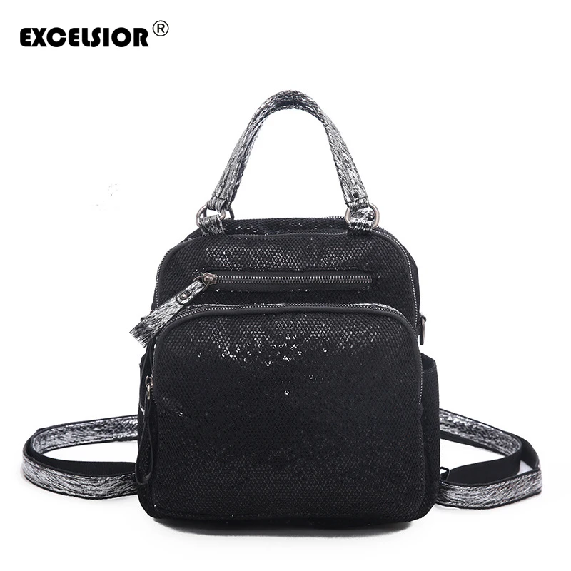 

EXCELSIOR Vintage Backpacks Multi-use Female Quality Leather Backpack Sequin School Bags for Girl with Serpentine Straps