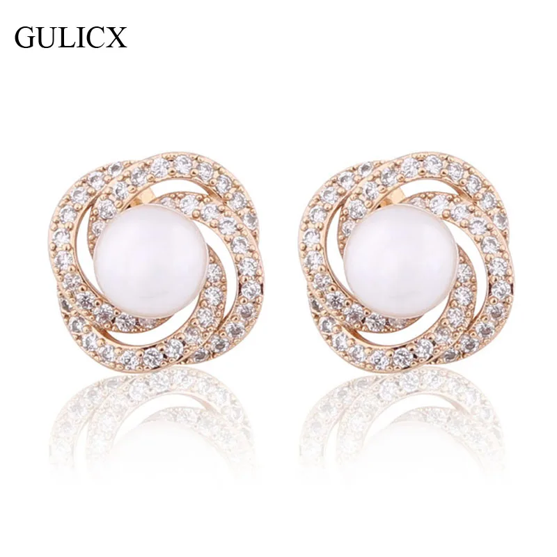 GULICX, огромные Двойные серьги с искусственным жемчугом для женщин, позолоченные серьги-гвоздики с кристаллами, кубическим цирконием, ювелирные изделия для помолвки E519