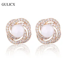 GULICX, огромные Двойные серьги с искусственным жемчугом для женщин, позолоченные серьги-гвоздики с кристаллами, кубическим цирконием, ювелирные изделия для помолвки E519