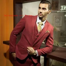 Новое поступление, приталенный красный костюм для свадебной церемонии в арабском стиле, свадебный смокинг, мужской костюм(пиджак+ брюки+ жилет+ галстук