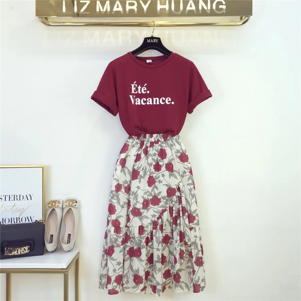 

Amolapha Women Letters Print Short Sleeve TShirt+Ruffles Chiffon Mid Calf Skirt Set Summer Skirt Suit