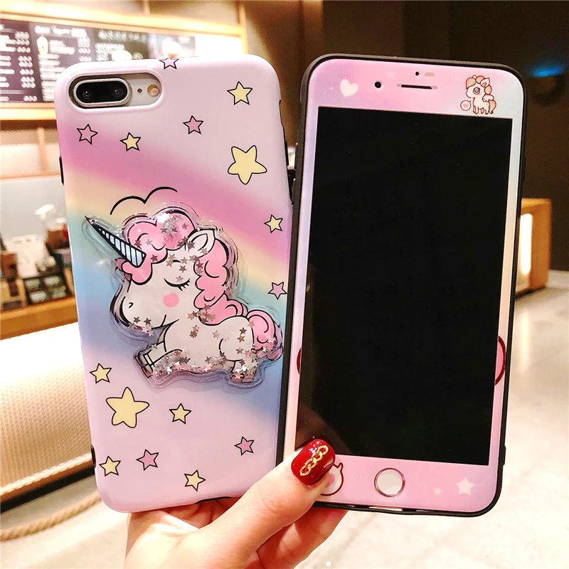 

For iPhone 7Plus unicorn case + Tempered Glass Screen protector film & bling unicorn Cover for iPhone 8 8plus 7 6 6S 6SPlus 6P