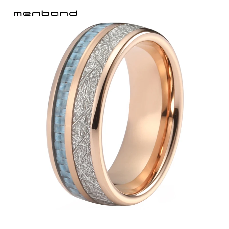 Розовое золото Мужская Женская обручальное кольцо из карбида вольфрама 8 мм с голубым углеродным волокном и метеоритом инкрустация