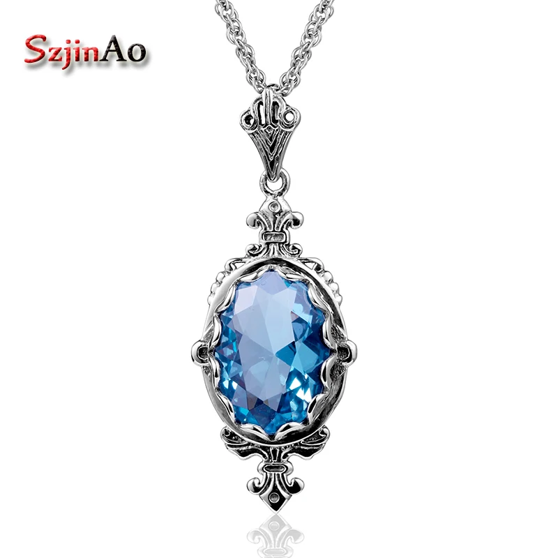 

Szjinao Real Genuine 925 Sterling Silver Necklace Pendants For Women Blue Topaz Jewelry Vintage Fashion Christmas Gift