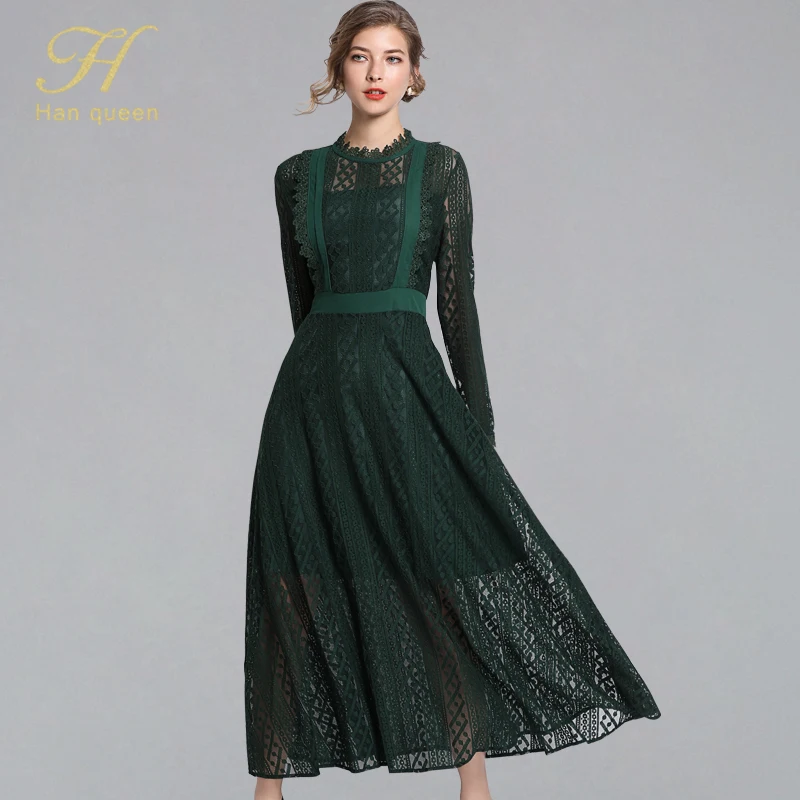

H Han Queen Vintage Dark Green Pleated A-line Dress Women 2019 Spring Hollow Out Lace Dresses Waist Swing Long Vestido De Festa