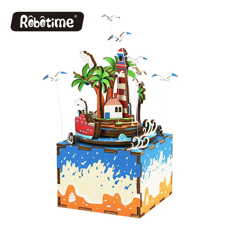 

Free Shipping Robotime 3D Puzzle DIY Hand Crank Easy Assembled Wooden holiday corporate gift Music Box Vocational Island AM407