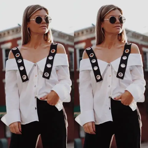 Hot Sexy Women Lady Summer Long Sleeve Strappy Cold Shoulder Casual Shirt Tops Blouses Outwear