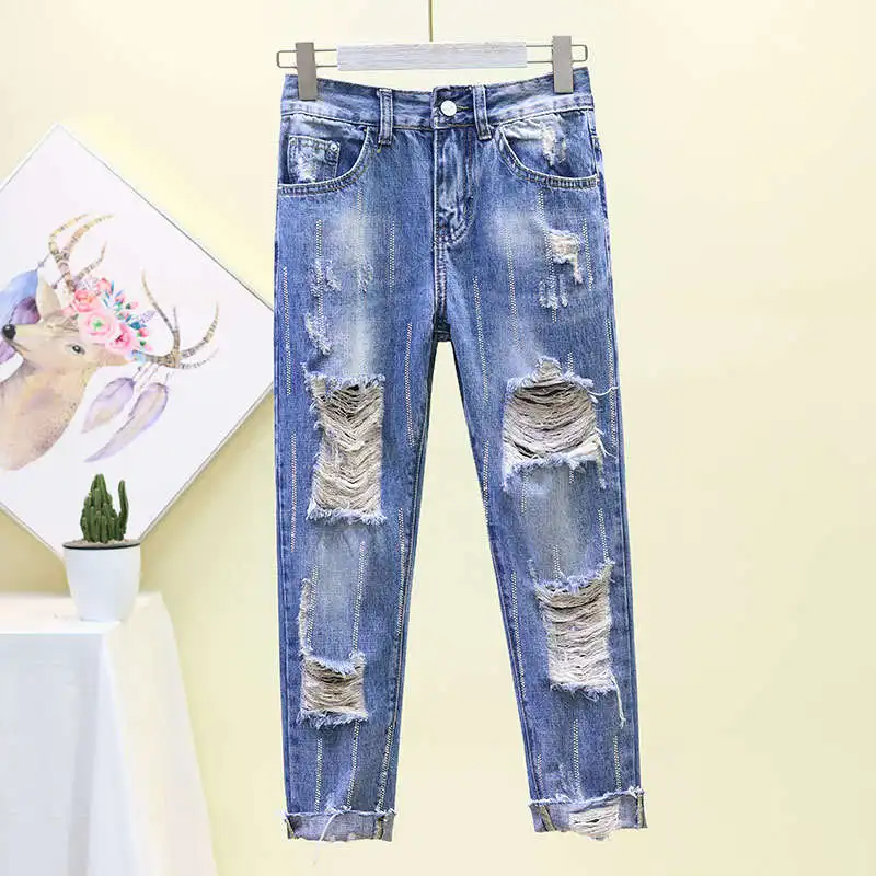 

2019 Blue Ripped Distressed Boyfriend Ankle Denim Jeans Women Casual Summer Autumn Plain Straight Leg Pants Spring Trousers