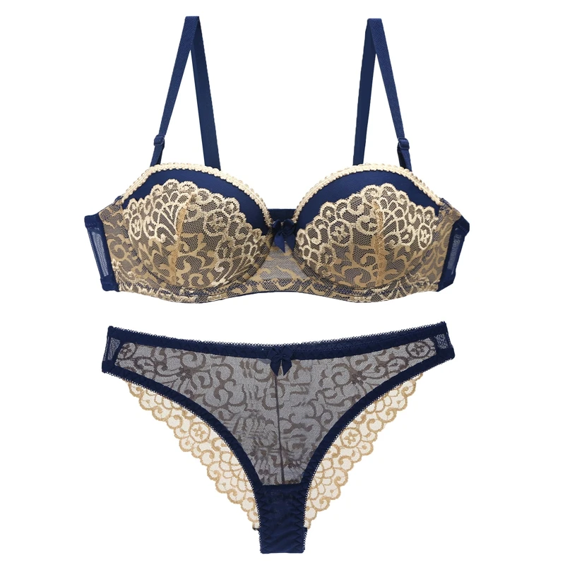 New Brands Women Underwear Set Lace Push Up Bra Set Sexy Transparent Lingerie Small Chest ABC