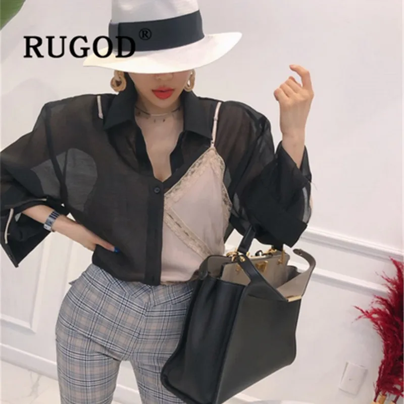 RUGOD Сексуальная шифоновая Прозрачная женская блузка модная из двух частей Спагетти Степ Лоскутные женские рубашки элегантная рубашка с длинным рукавом