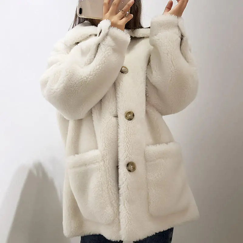 Осенне-зимняя куртка из искусственного меха ягненка, женская теплая утепленная куртка с длинным рукавом, женская Свободная куртка из овечьей шерсти, верхняя одежда, пальто с мехом для женщин, Q1724 - Цвет: Creamy-white
