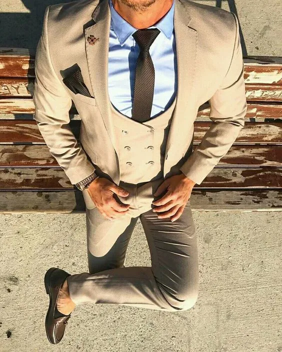 Latest Coat Pant Designs Beige Double Breasted Casual Men Suit Slim Fit 3 Piece Tuxedo Custom Prom Party Blazer Terno Masculino