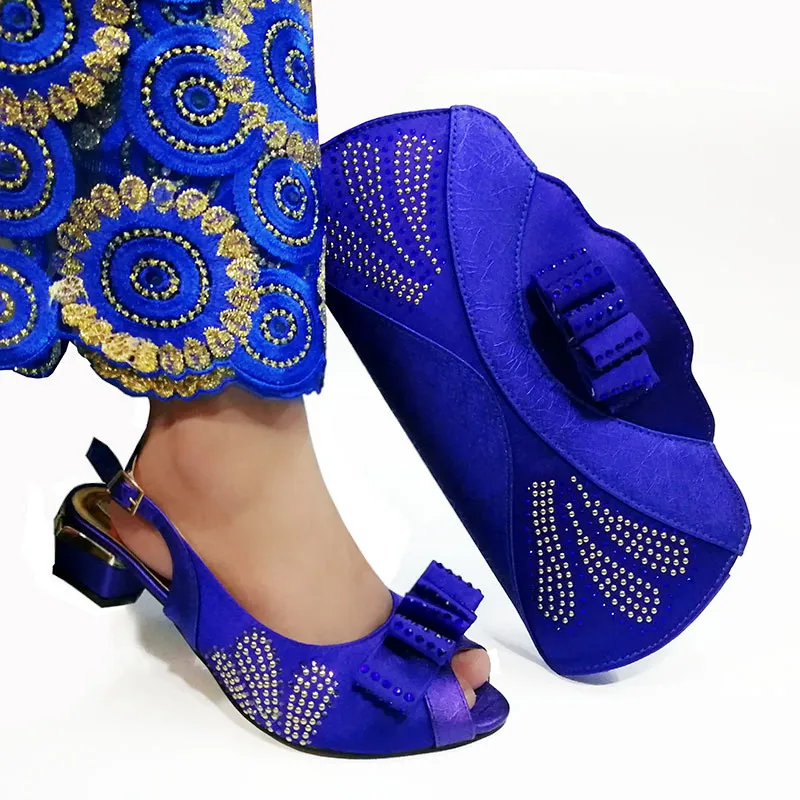 

New Dark blue Color Italian design Ladies Wedding Shoes and Bag Set autumn shoes women heels African Matching in women