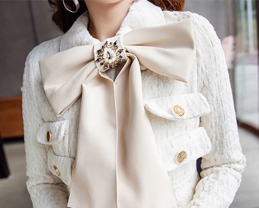 Белый твидовый шерстяной зимний женский комплект из 2 предметов Роскошная куртка с бантом и бриллиантами пальто+ юбка-карандаш с высокой талией и кисточками