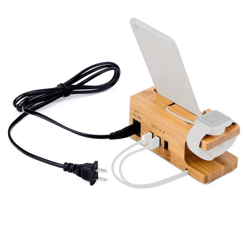 

New Version Multi-function Phone Charger Station Wood Bamboo Made 3 USB Port Desktop Charging Dock Phone Holder for iPhone 7 6 S