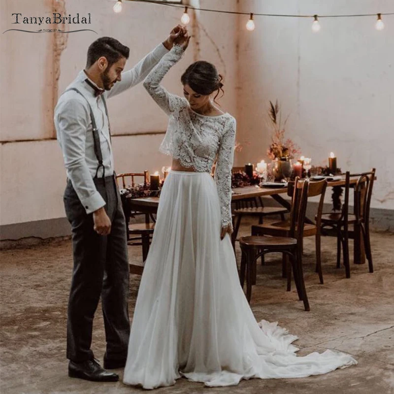 

Two Pieces Lace Chiffon Wedding Dresses Long sleeve Bohemian Bridal Wedding Gowns Classical Noivas Chic DW156