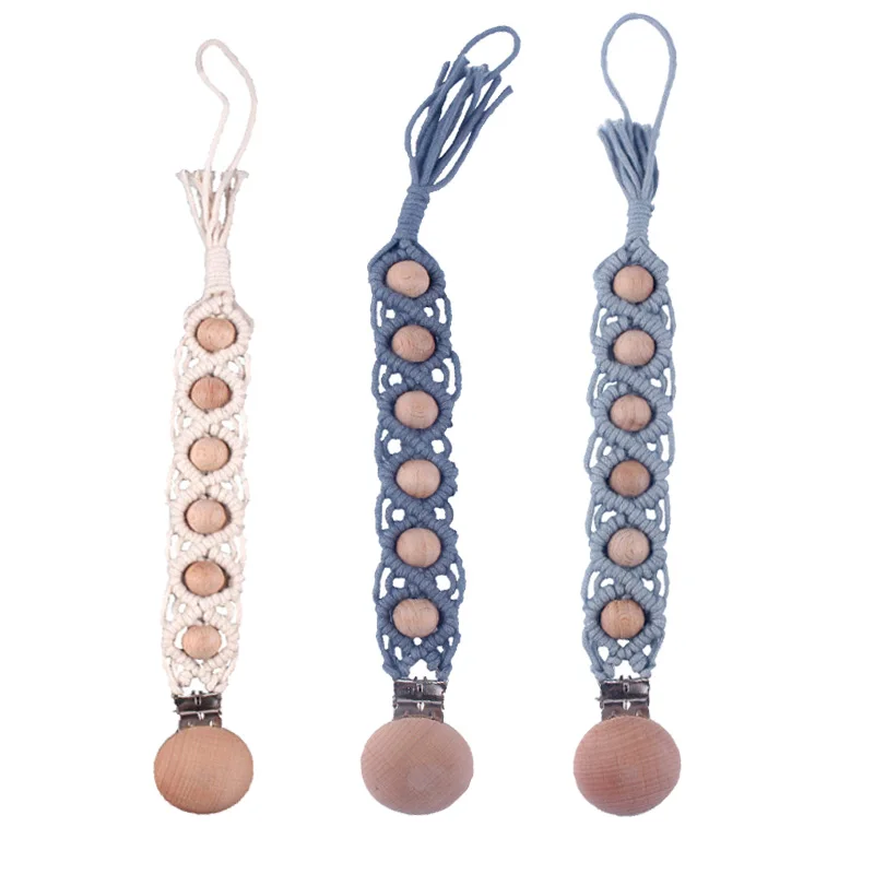 Macrame Baby Dummy Chain Infant Toddler Pacifier Clip Cotton Soother Chain Wooden Beads Teething Toy for Infant Feeding afbeelding