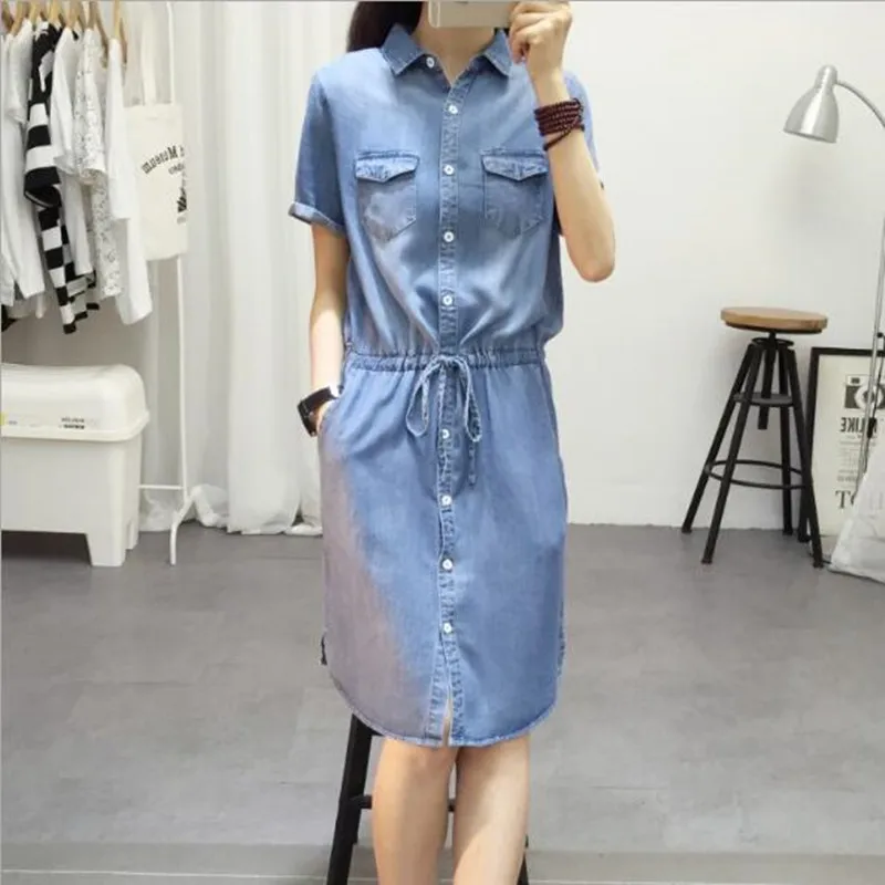 

2019 new summer Denim Dresses For Women fashion short sleeve Shirt Female Jeans Dresses QV64