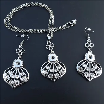 

12mm Snap Buttons Jewelry Set Earrings Necklace White Pink Rhinestone Leaf 50cm Length O Chain for Women Wholesale 12 Sets / lot