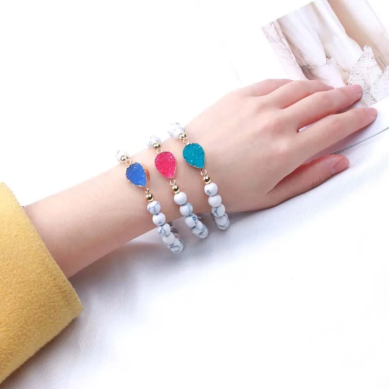 Красочные хрустальные амулеты Druzy браслеты для женщин Подарки новые регулируемые 8 мм белые бусы из натурального камня Йога браслет, бижутерия