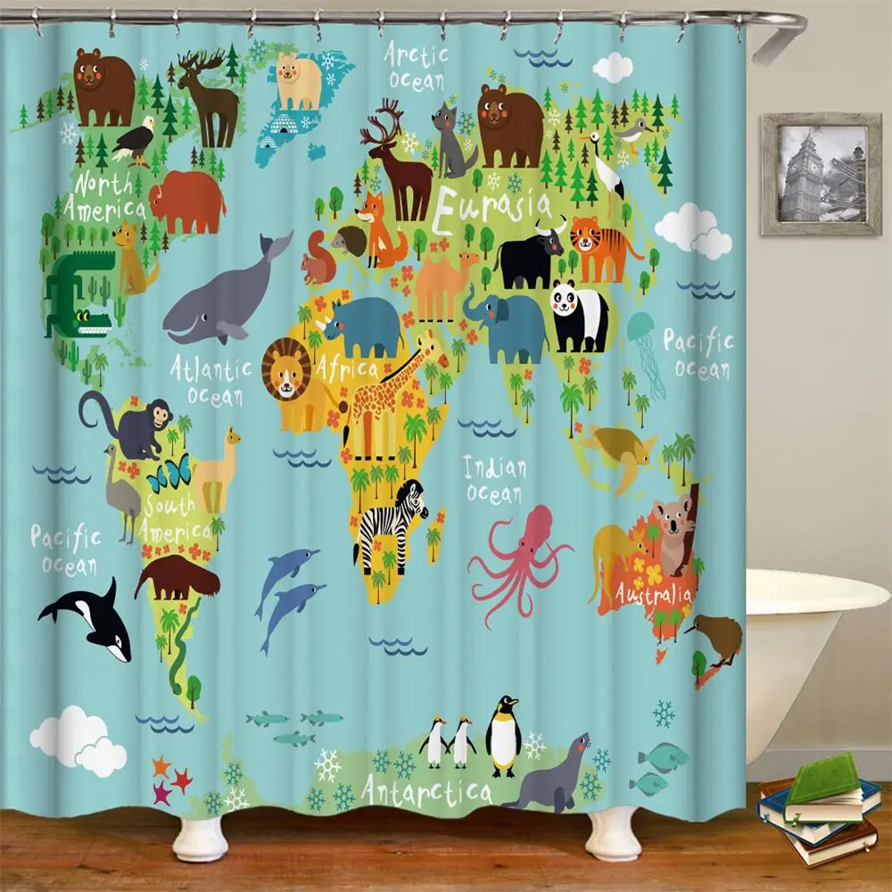 

Kids Shower Curtain with Cute,Funny and Colorful Designs Cartoon World Map for Polyester Fabric Bathroom Curtains with 12 Hooks