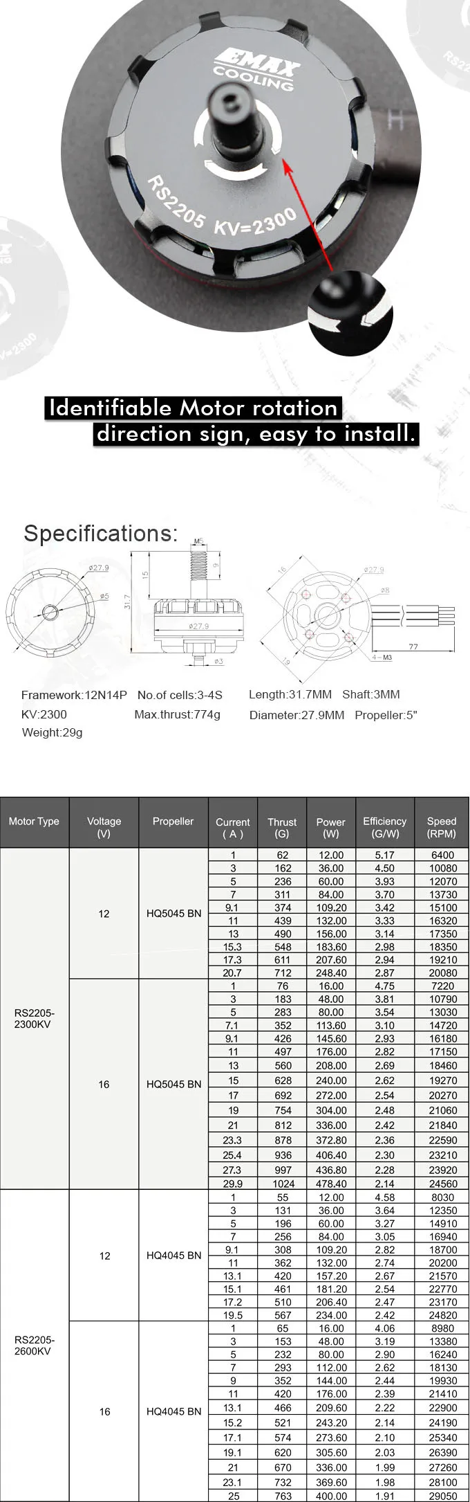 Продукт Emax RS2205 2300KV 2600KV гоночный двигатель CW/CCW для радиоуправляемого вертолета квадрокоптера FPV мультикоптера дрона