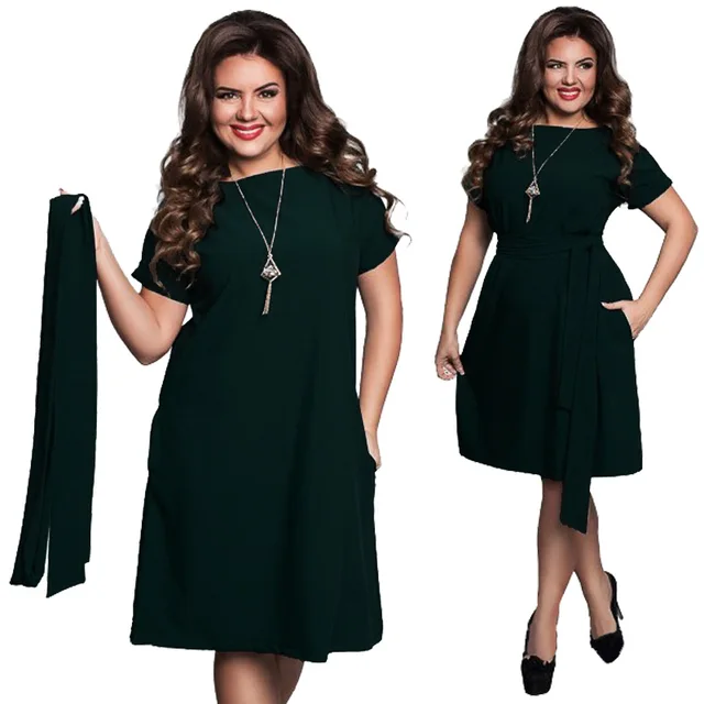 ECOBROS Big size 6XL Woman dress 2020 Summer Loose solid knee dresses Fat MM plus size women clothing 6xl dress with sash 3