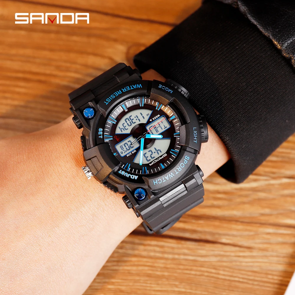 SANDA мужские часы с термометром светодиодный двойной дисплей цифровые наручные