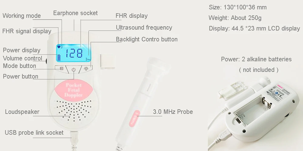ЖК-дисплей с подсветкой, фетальный допплер Angelsounds, монитор сердца, домашний, для беременных, 3 МГц, зонд
