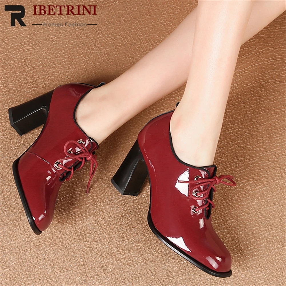 

RIBETRNI New Arrivals 2019 Square Toe Office Lady Pumps Woman Shoes Lace Up Chunky High Heels Black Shoes Woman Pumps Female