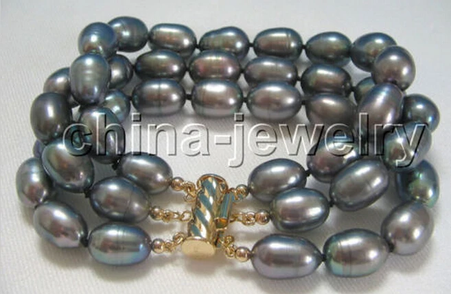 

Hot sellBeautiful 8" 3row 12mm black baroque freshwater pearl bracelet -Bridal jewelry free shipping