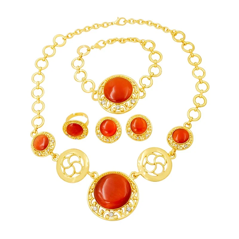 

European Fashion Luxury Wedding 24 Gold Jewelry Sets Red Crystal Necklace Bracelet Earrings for Women Party Gift Accessories